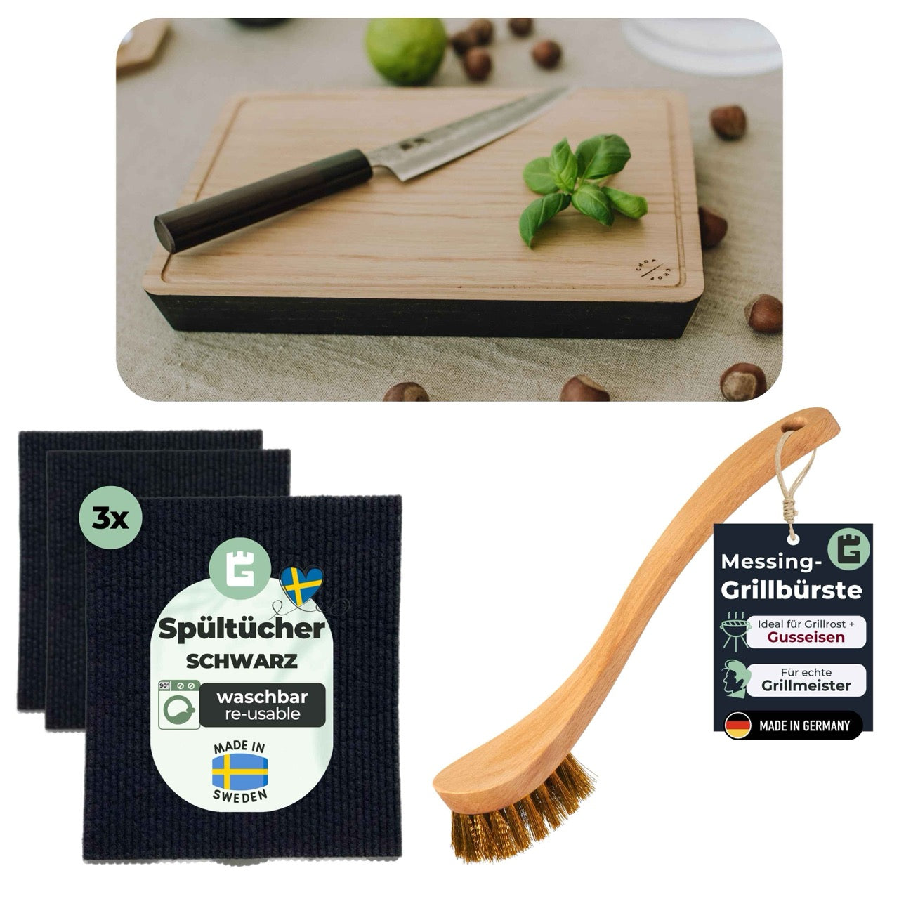 Bundle Messing Grillbürste & Spüllappen Schwarz & Schneidebrett (BBQ Comfort)