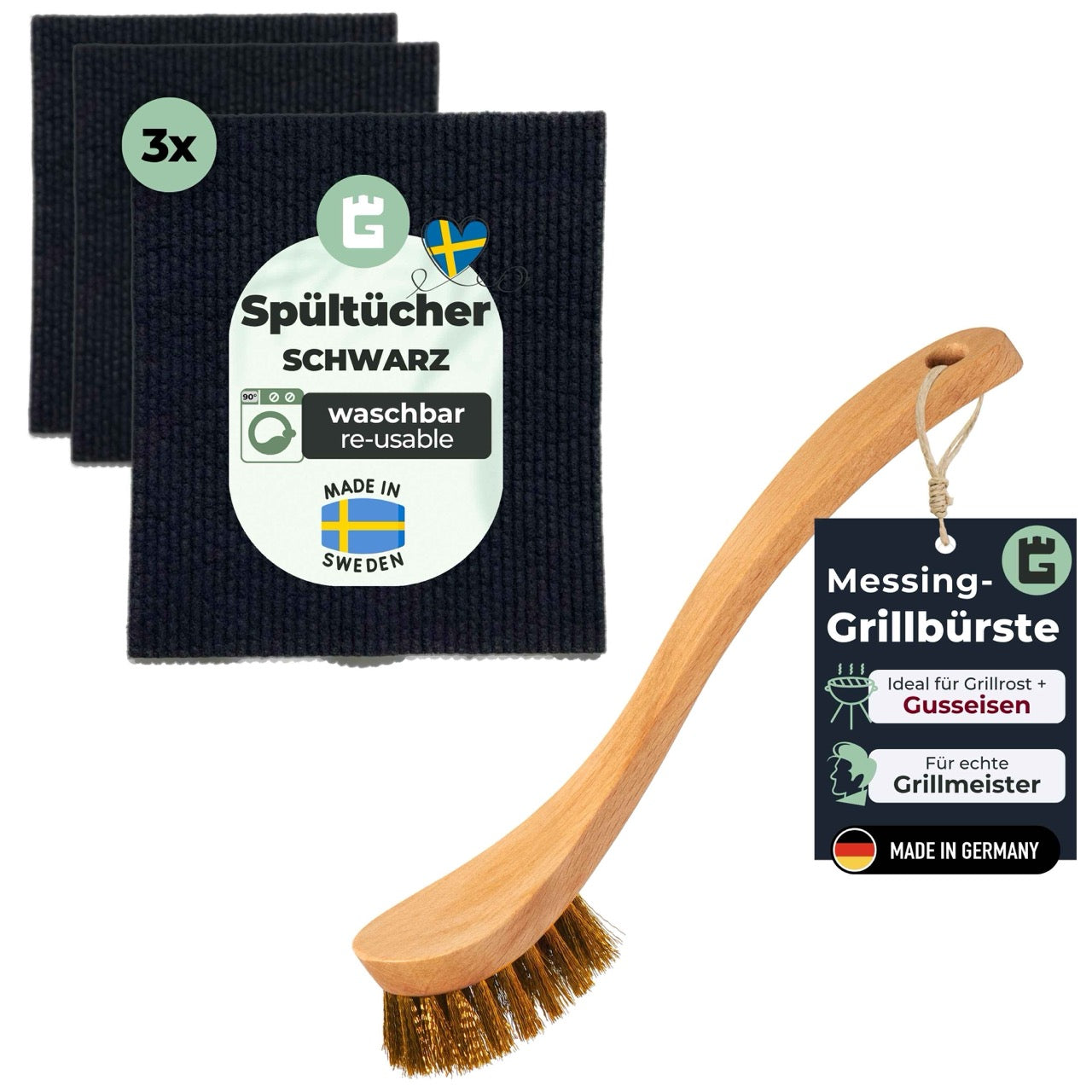 Bundle Messing Grillbürste & Spültücher Schwarz (BBQ Basics)