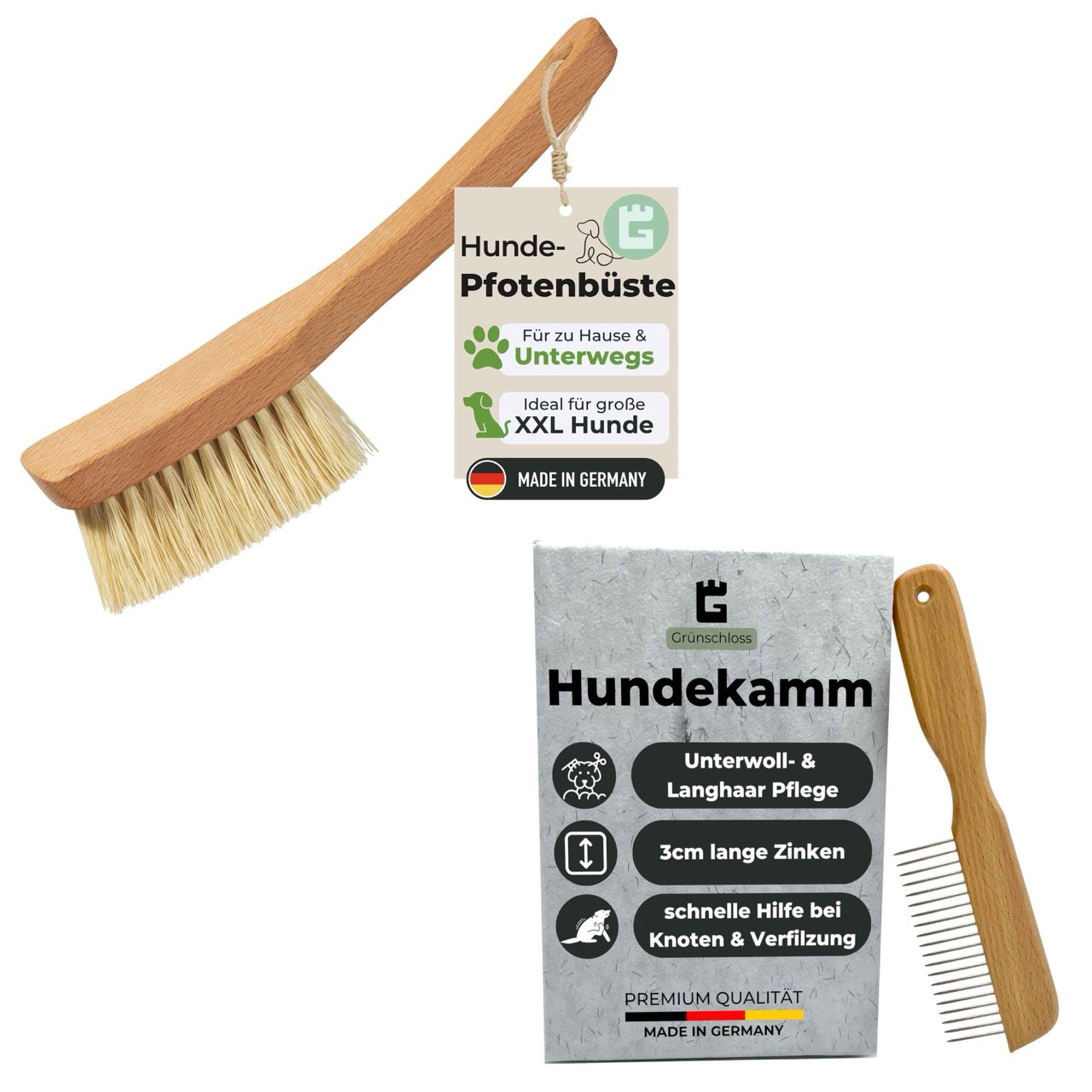 Bundle Hunde Pfotenbürste + Unterfellkamm für Langhaar Doggos