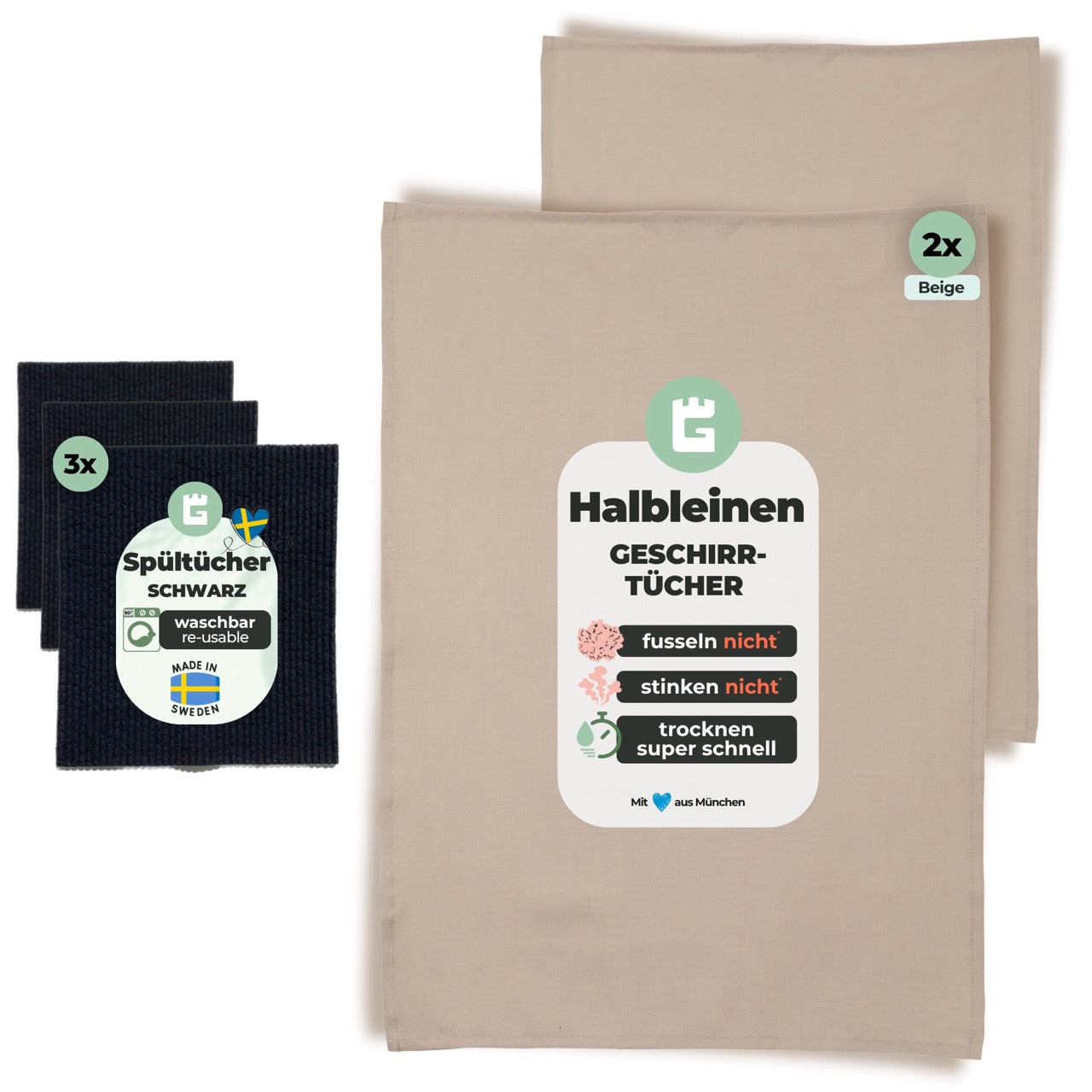 2x Geschirrtücher Halbleinen Beige & 3x Spüllappen Schwarz (Beige-Mix)