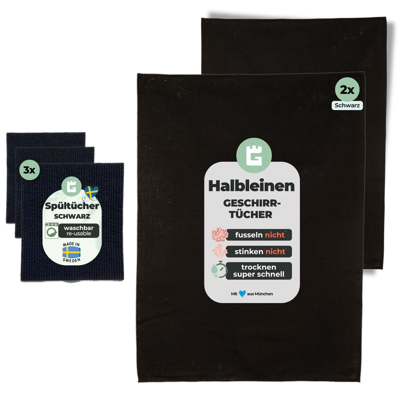 2x Geschirrtücher Schwarz Halbleinen & 3x Spüllappen Schwarz (All-Black)