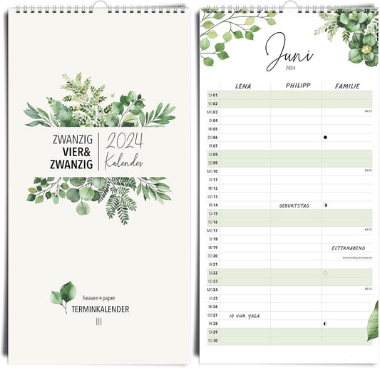 Paarplaner Eukalyptus - 3 Spalten Familienkalender Wandkalender 2024