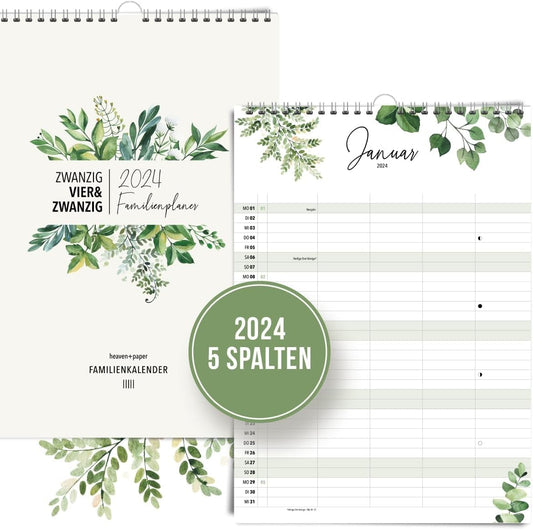 Familienplaner 2024 5 Spalten A3 - XXL Familienkalender 5 Spalten (Eukalyptus)