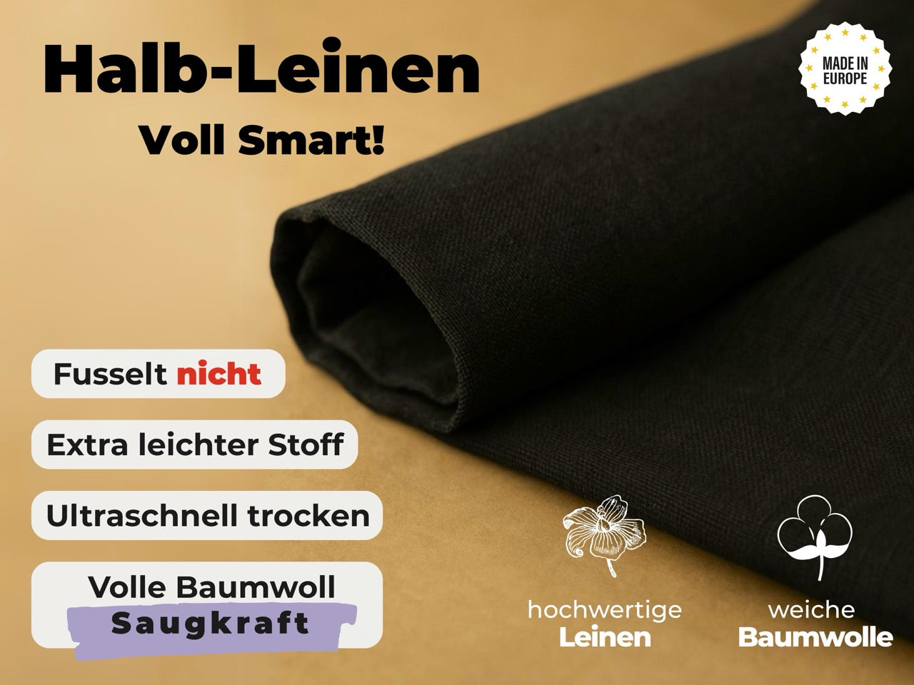 2x Geschirrtücher Schwarz Halbleinen & 3x Spüllappen Schwarz (All-Black)