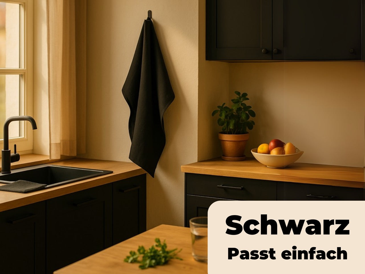 2x Geschirrtücher Schwarz Halbleinen & 3x Spüllappen Schwarz (All-Black)