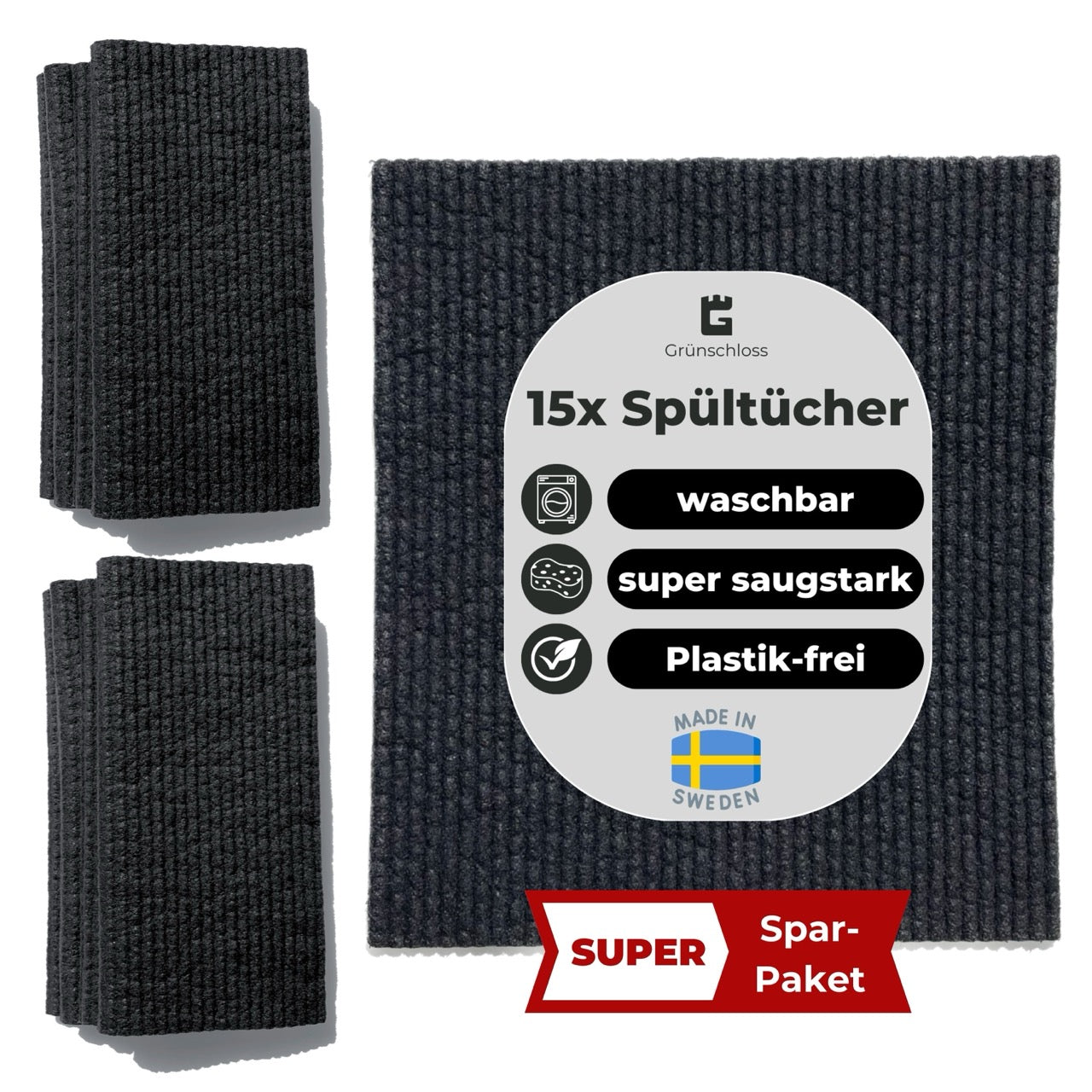 15x Spültücher Schwarz Baumwolle waschbar super Spar Set