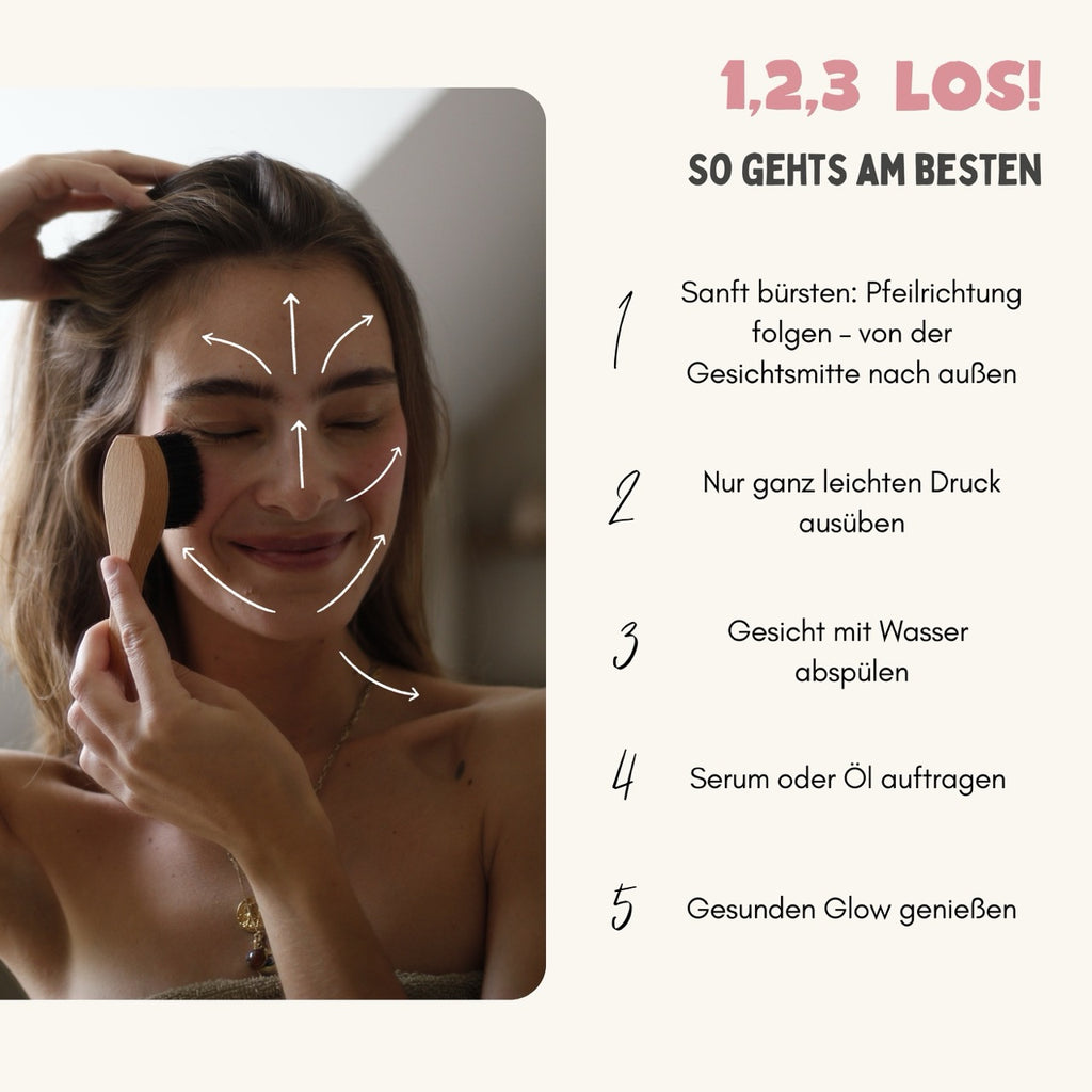 Frau zeigt sanfte Gesichtstrockenbürsten-Pflege mit Pfeilen, Anleitung für strahlenden Teint