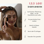 Frau zeigt sanfte Gesichtstrockenbürsten-Pflege mit Pfeilen, Anleitung für strahlenden Teint