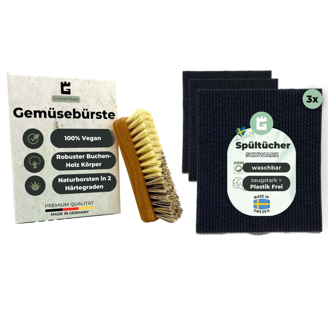 Bundle Gemüsebürste Holz & Spültücher Schwarz waschbar (Küchen Basics)