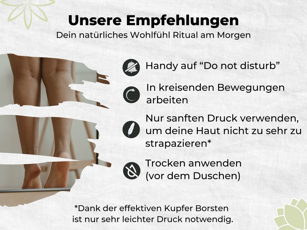 Beinrückseite mit Text zu natürlichen Wellness-Empfehlungen und Anwendungstipps für Trockenbürsten