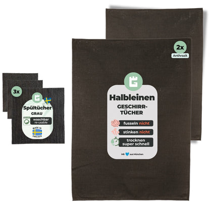 2x Halbleinen Geschirrtücher Anthrazit & 3x Spüllappen Grau (Dark-Grey)