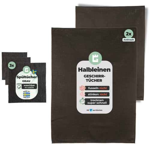 2x Halbleinen Geschirrtücher Anthrazit & 3x Spüllappen Grau (Dark-Grey)