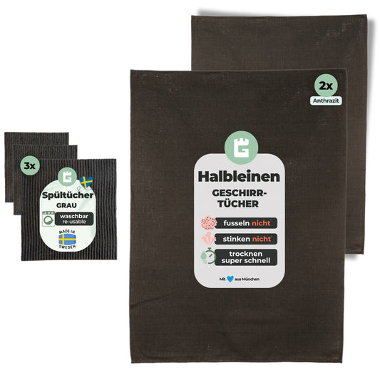 2x Halbleinen Geschirrtücher Anthrazit & 3x Spüllappen Grau (Dark-Grey)