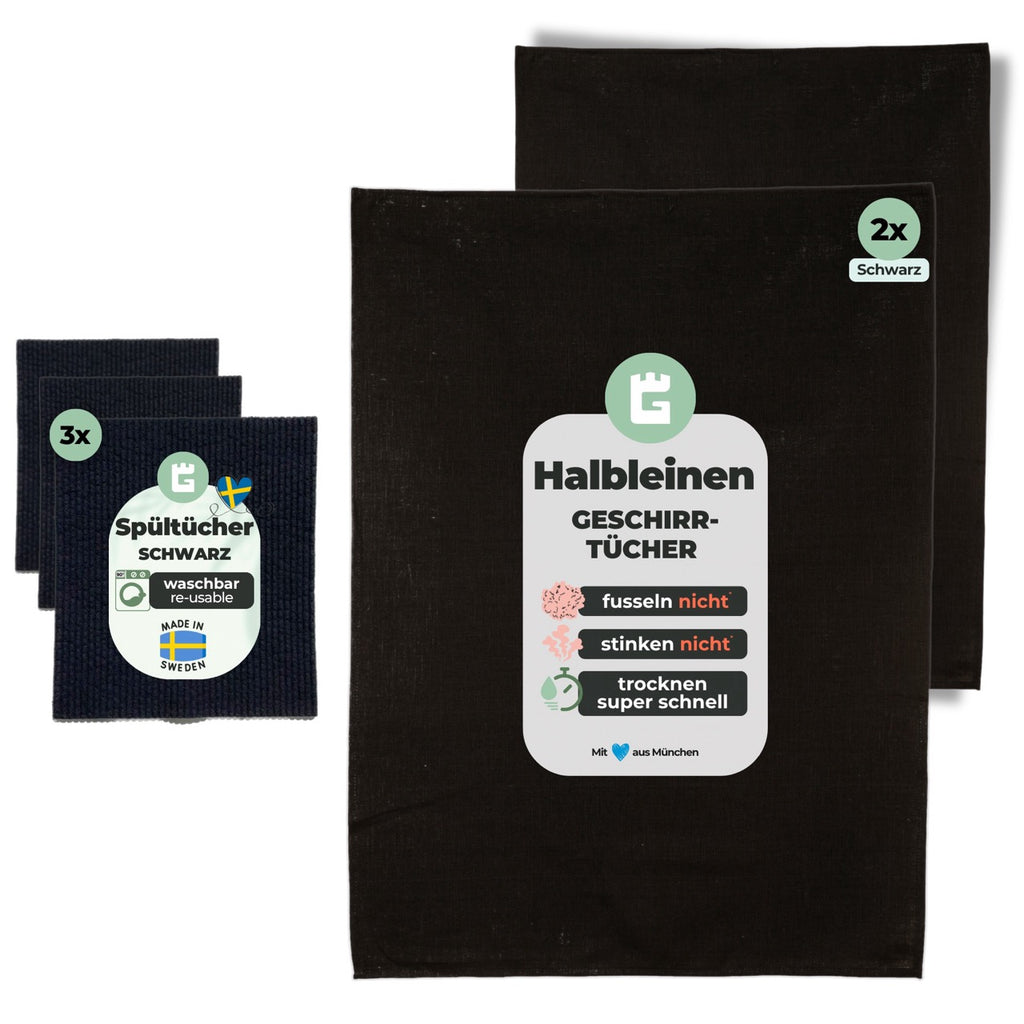 2x Geschirrtücher Schwarz Halbleinen & 3x Spüllappen Schwarz (All-Blac – Grünschloss