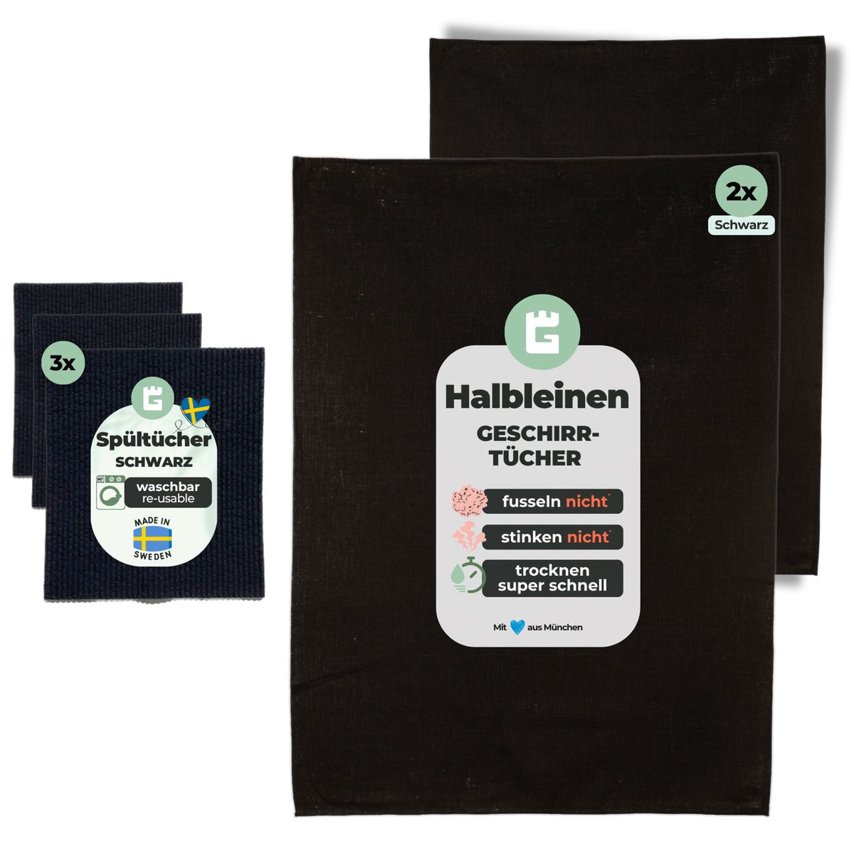 2x Geschirrtücher Schwarz Halbleinen & 3x Spüllappen Schwarz (All-Black)