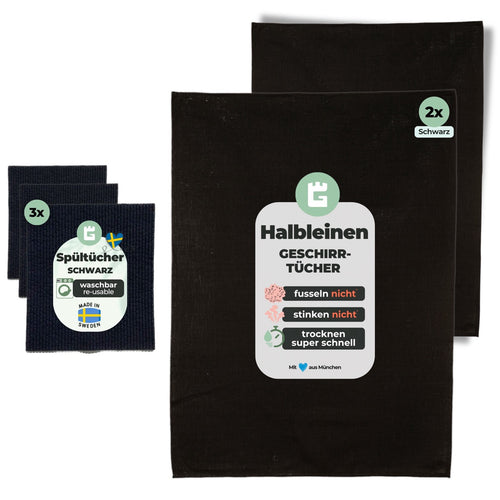 2x Geschirrtücher Schwarz Halbleinen & 3x Spüllappen Schwarz (All-Black)