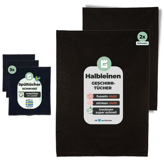 2x Geschirrtücher Schwarz Halbleinen & 3x Spüllappen Schwarz (All-Black)