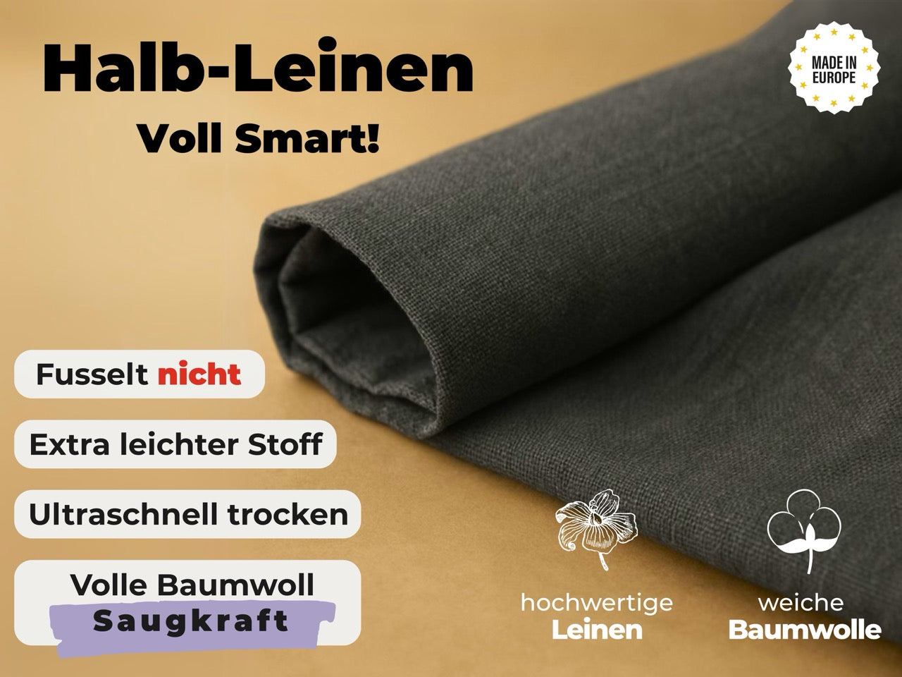 2x Halbleinen Geschirrtücher Anthrazit & 3x Spüllappen Grau (Dark-Grey – Grünschloss