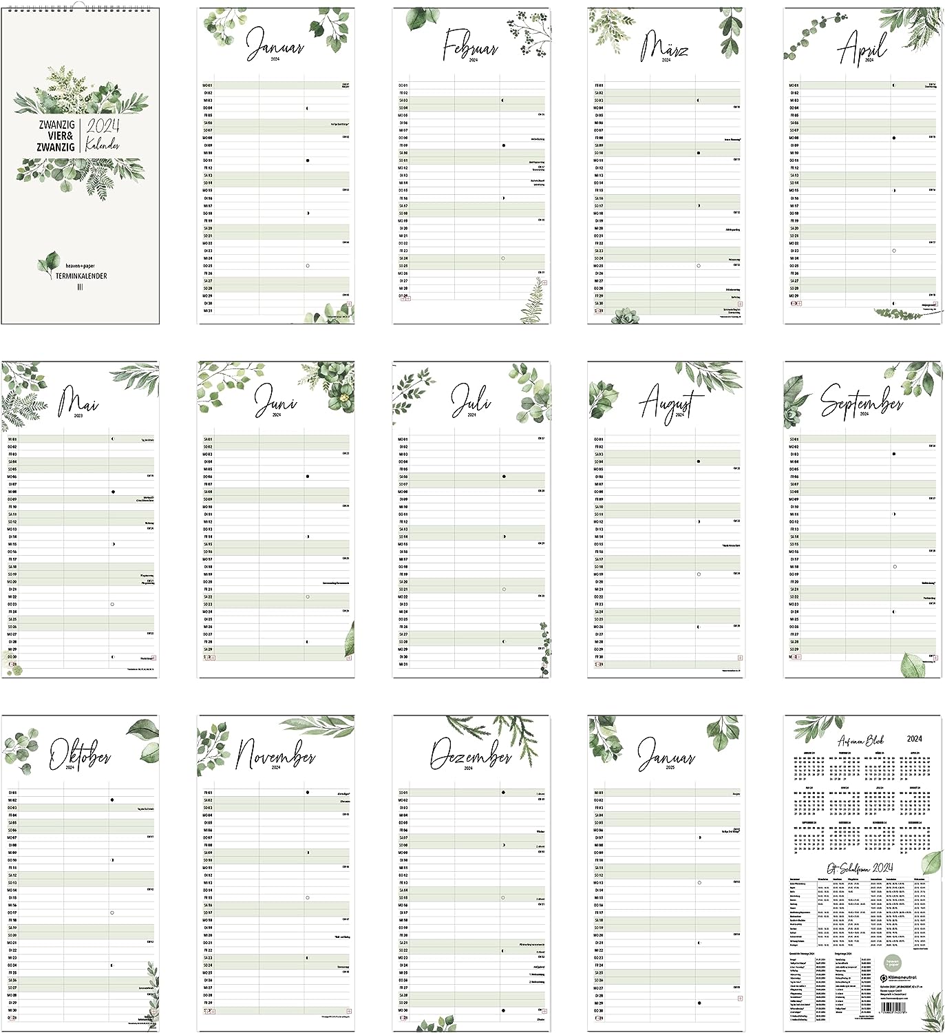 Paarplaner Eukalyptus - 3 Spalten Familienkalender Wandkalender 2024 - Grünschloss