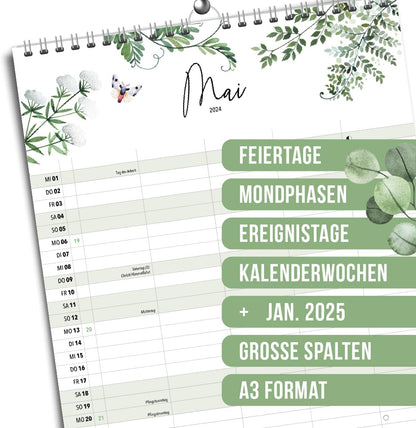 Familienplaner 2024 5 Spalten A3 - XXL Familienkalender 5 Spalten (Eukalyptus) - Grünschloss