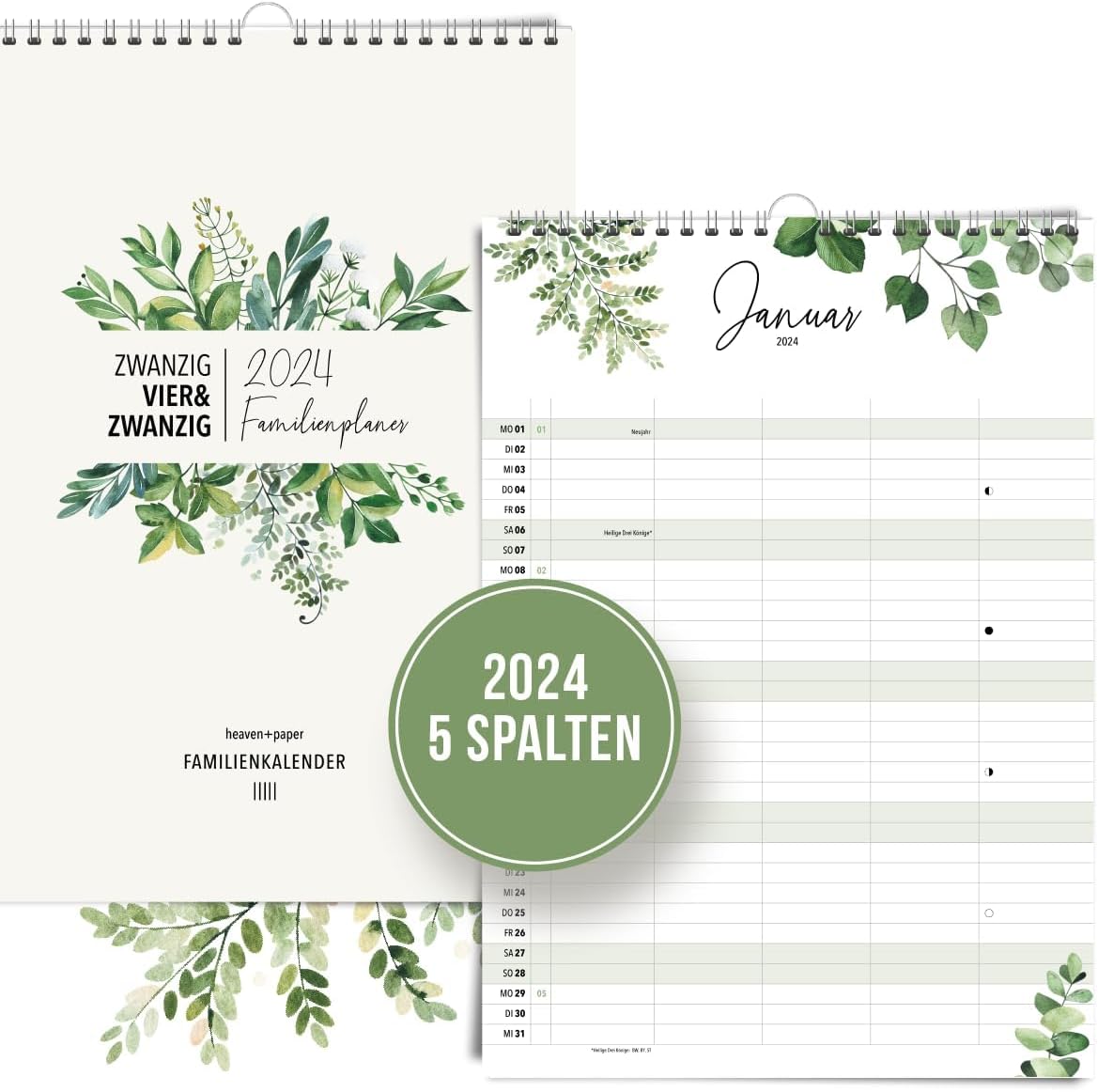 Familienplaner 2024 5 Spalten A3 - XXL Familienkalender 5 Spalten (Eukalyptus) - Grünschloss