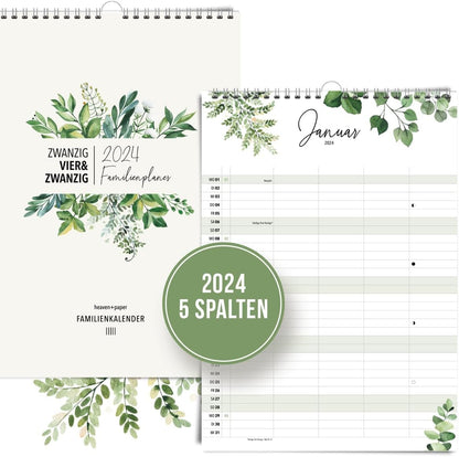 Familienplaner 2024 5 Spalten A3 - XXL Familienkalender 5 Spalten (Eukalyptus) - Grünschloss