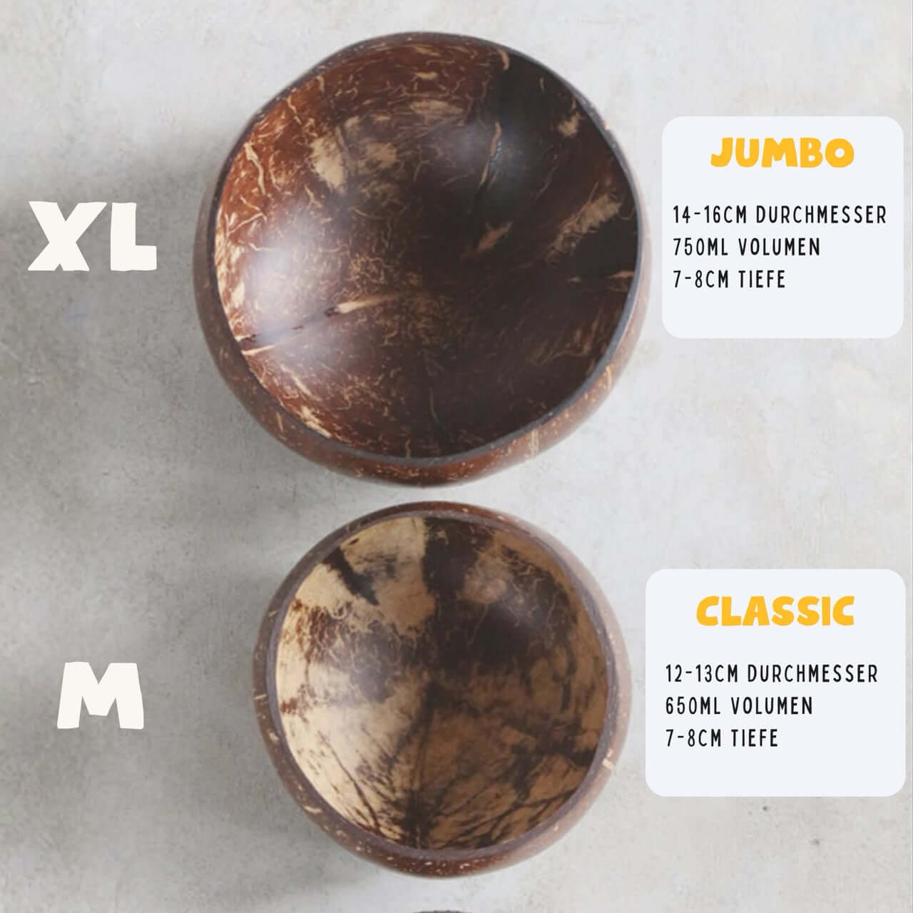 Größenvergleich Kokosnuss Schalen M und XL in Draufsicht, inklusive Maßangaben und Volumen