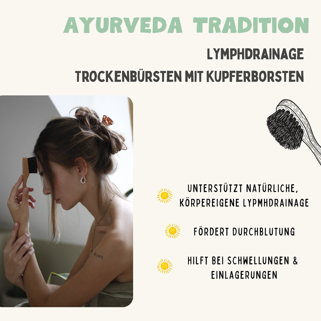 Frau verwendet lymphatische Gesichtsbürste mit Kupferborsten für Trockenbürsten und Lymphdrainage