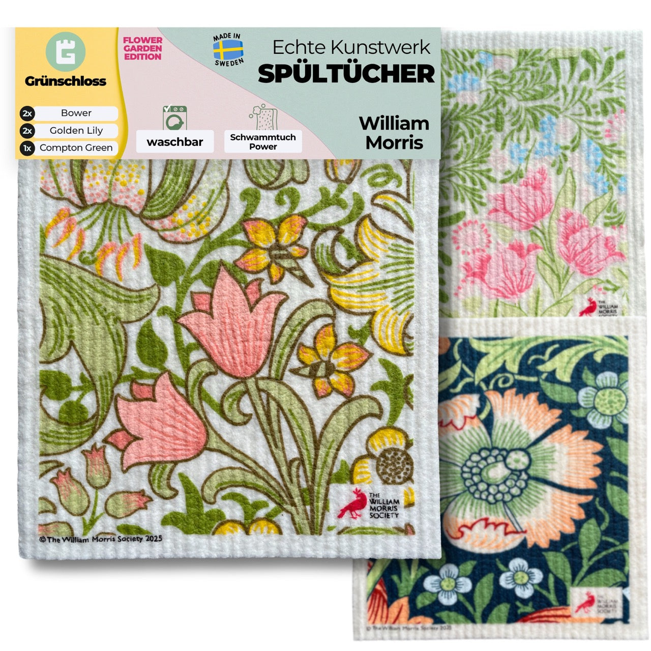 5x Art Spültücher bedruckt Set - William Morris Flower Garden