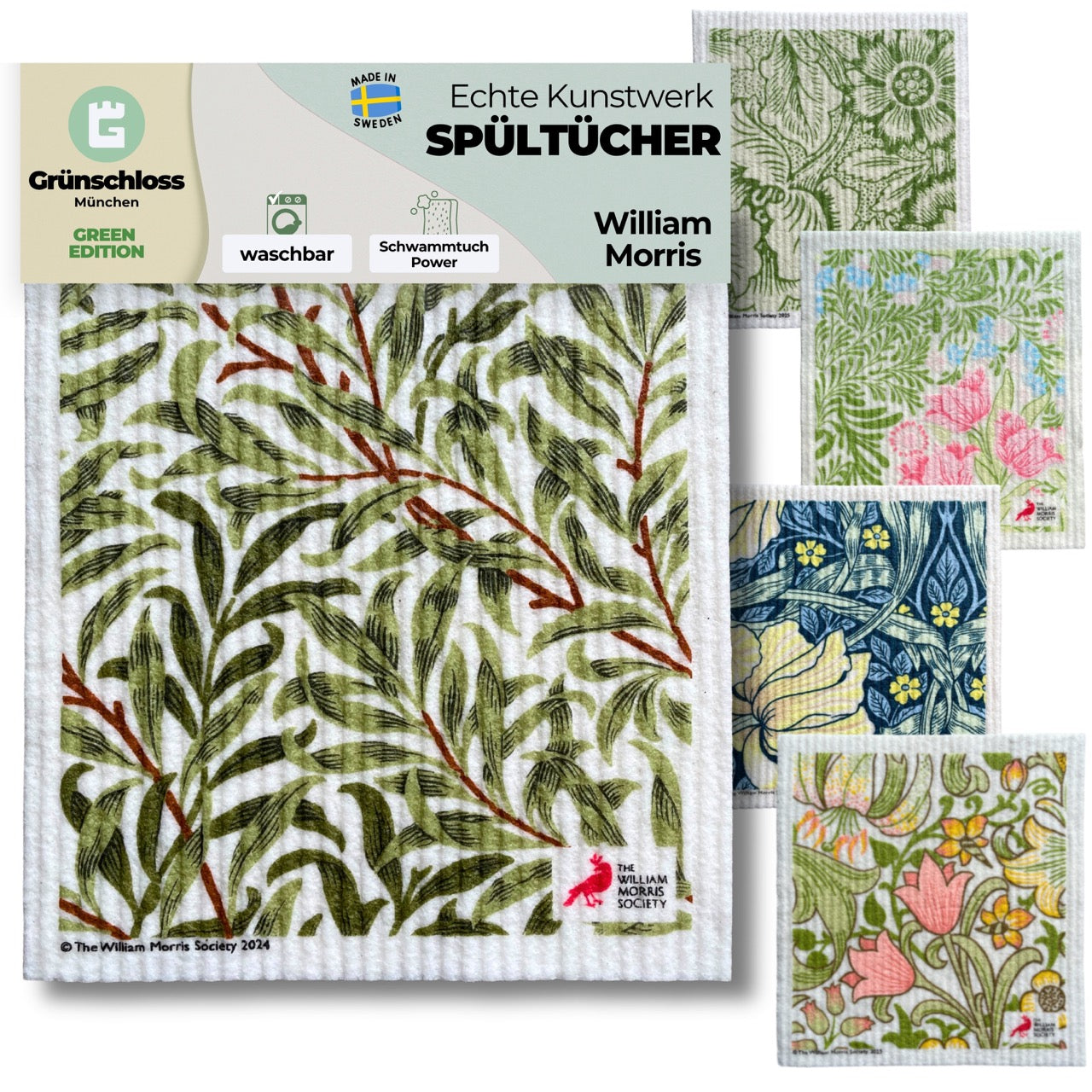 5x Art Spültücher bedruckt Set - William Morris Green Edition