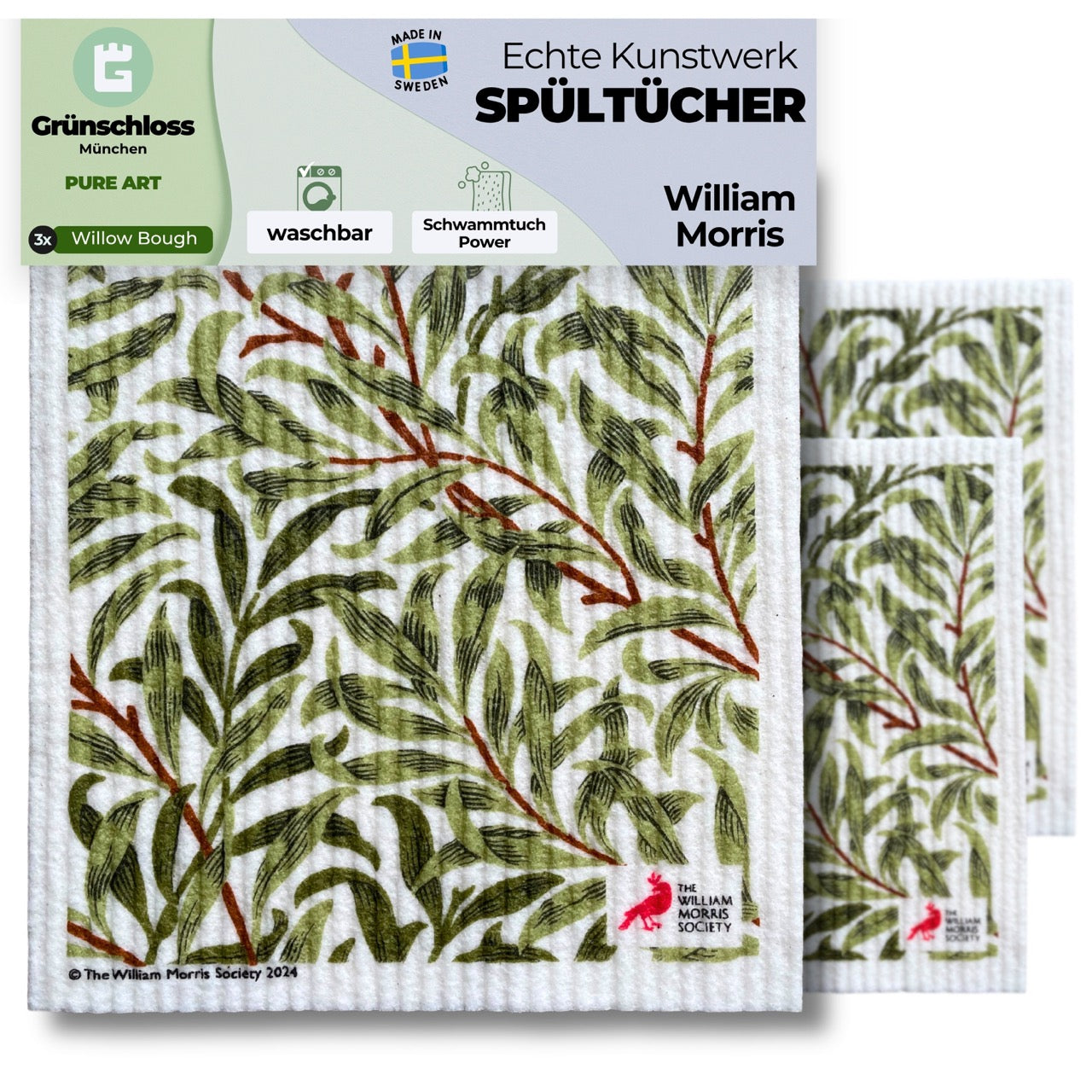 3x Art Spültücher waschbar - Original William Morris Willow Bough