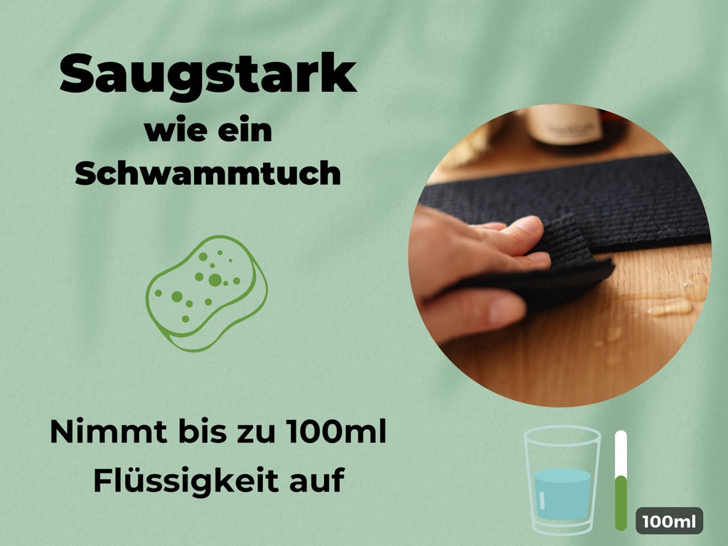 Hand hält saugstarkes schwarzes Schwammtuch auf Holztisch, text erhältlich
