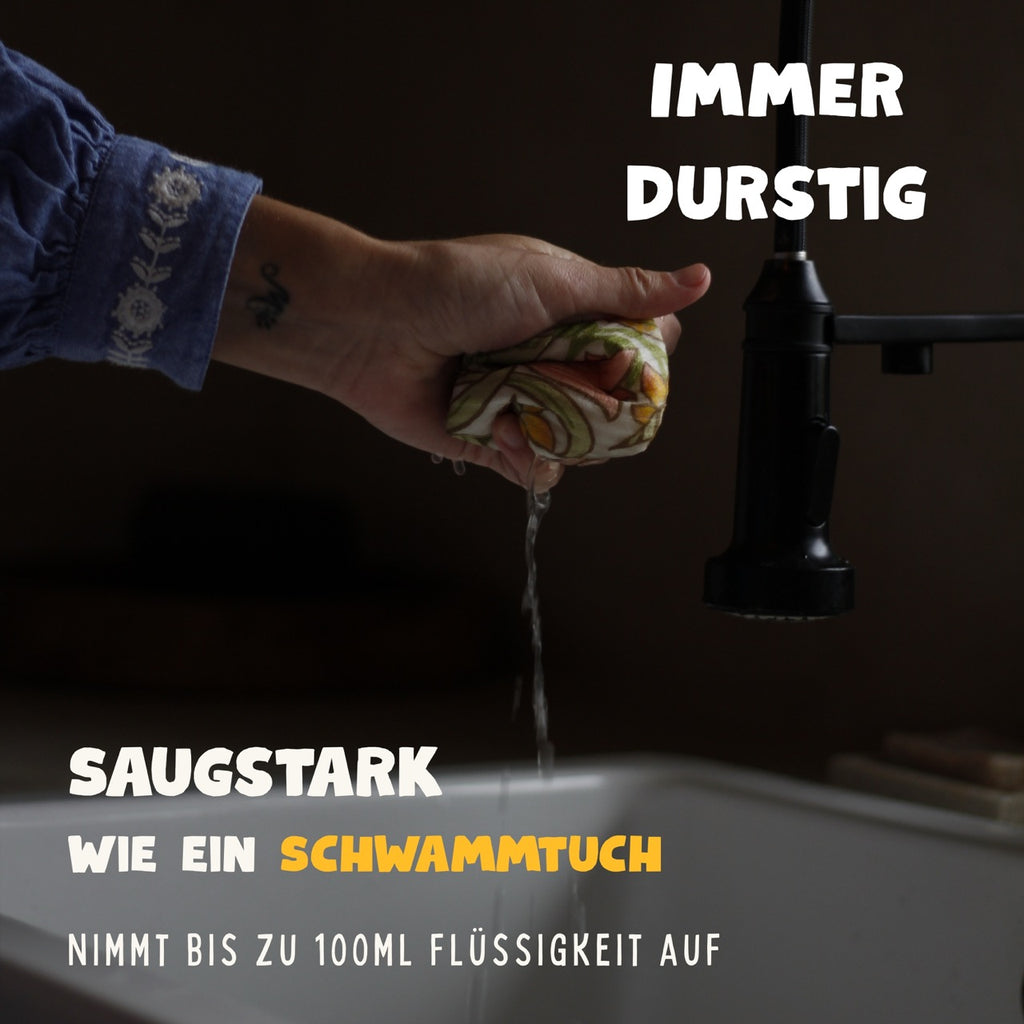 Abwaschen mit einem Spültuch, das saugstark wie ein Schwammtuch bis zu 100ml Flüssigkeit aufnimmt.