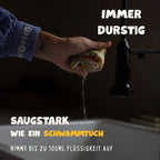 Abwaschen mit einem Spültuch, das saugstark wie ein Schwammtuch bis zu 100ml Flüssigkeit aufnimmt.