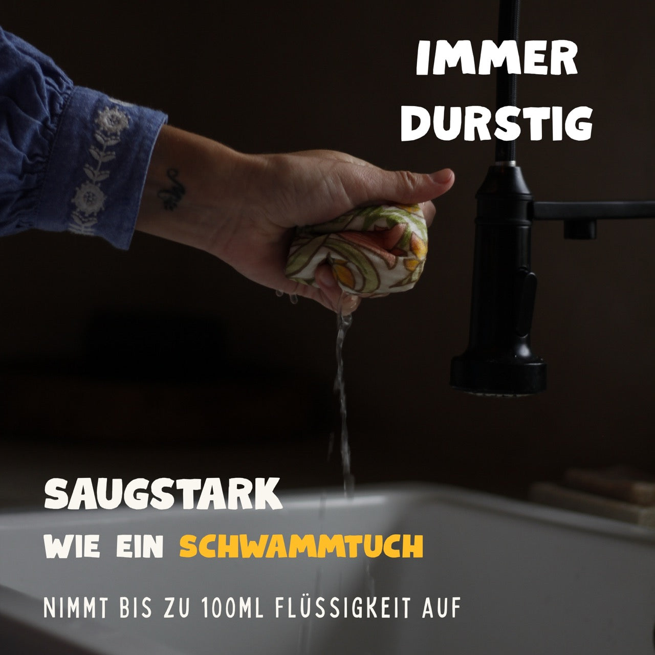 Abwaschen mit einem Spültuch, das saugstark wie ein Schwammtuch bis zu 100ml Flüssigkeit aufnimmt.