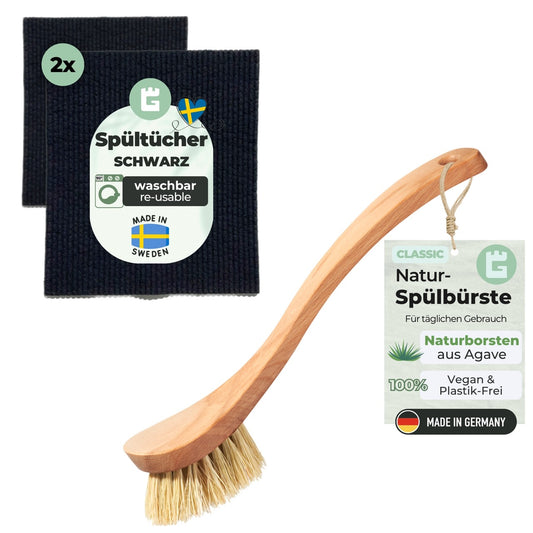 2x Spüllappen Schwarz & Spülbürste Agave Naturborsten (Spar-Set)