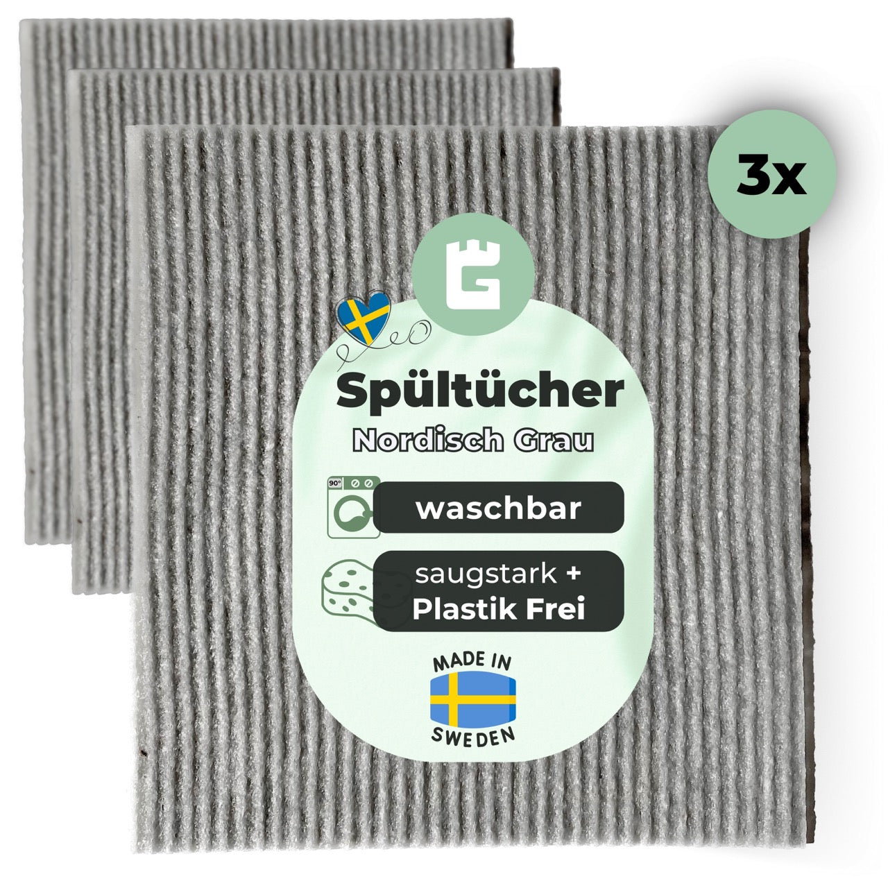 3x Spültücher grau Baumwolle Kennenlern Set