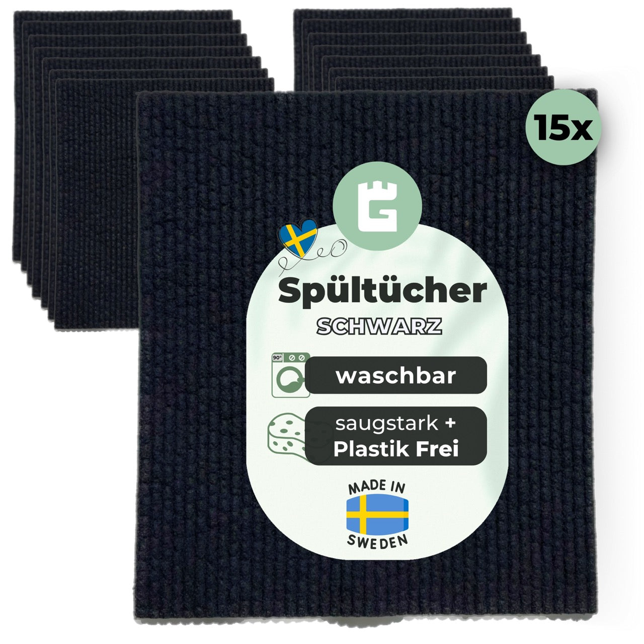 15x Spültücher Schwarz Baumwolle waschbar super Spar Set