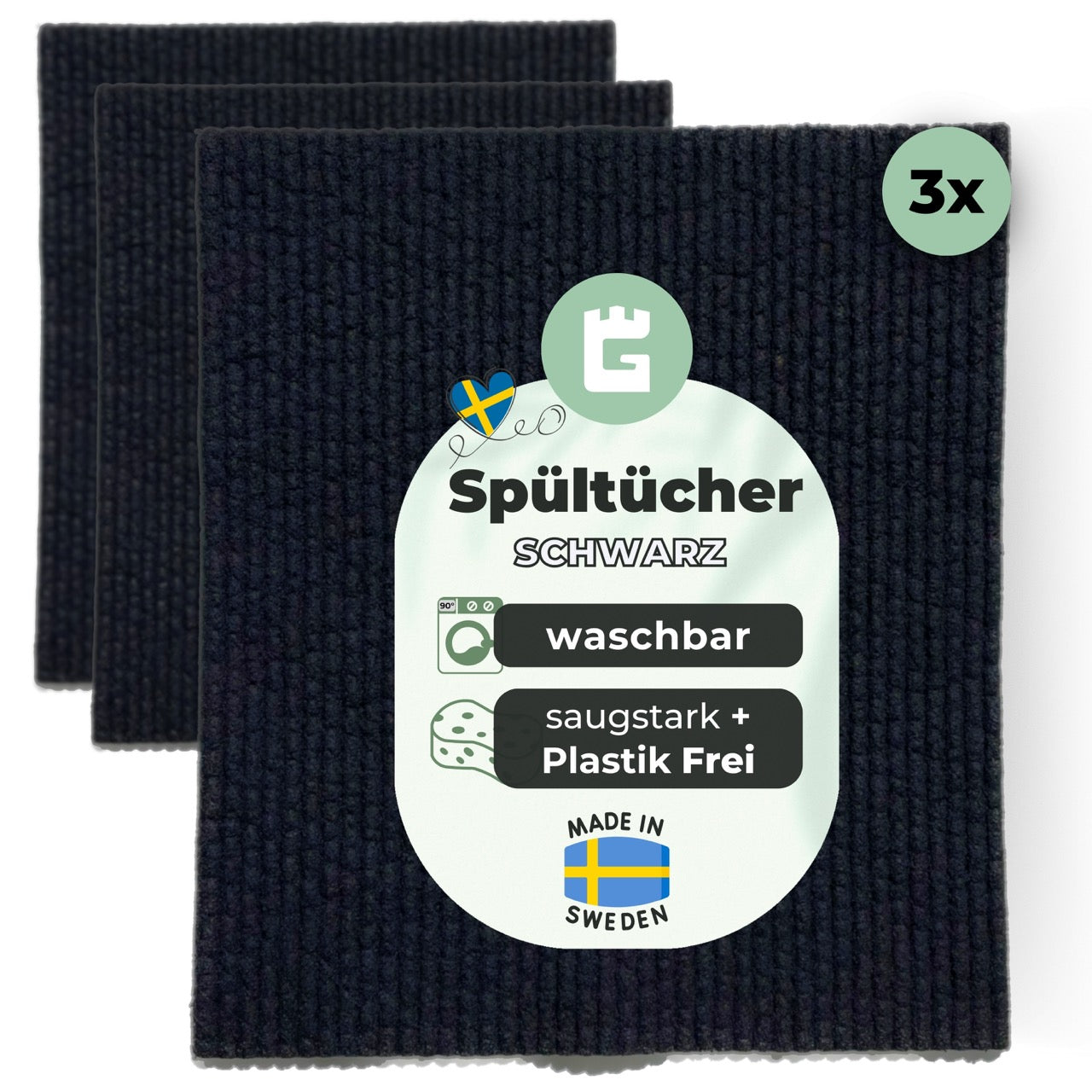 3x Spültücher schwarz Baumwolle waschbar Kennenlern Set