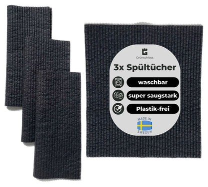 3x Spültücher schwarz Baumwolle waschbar Kennenlern Set