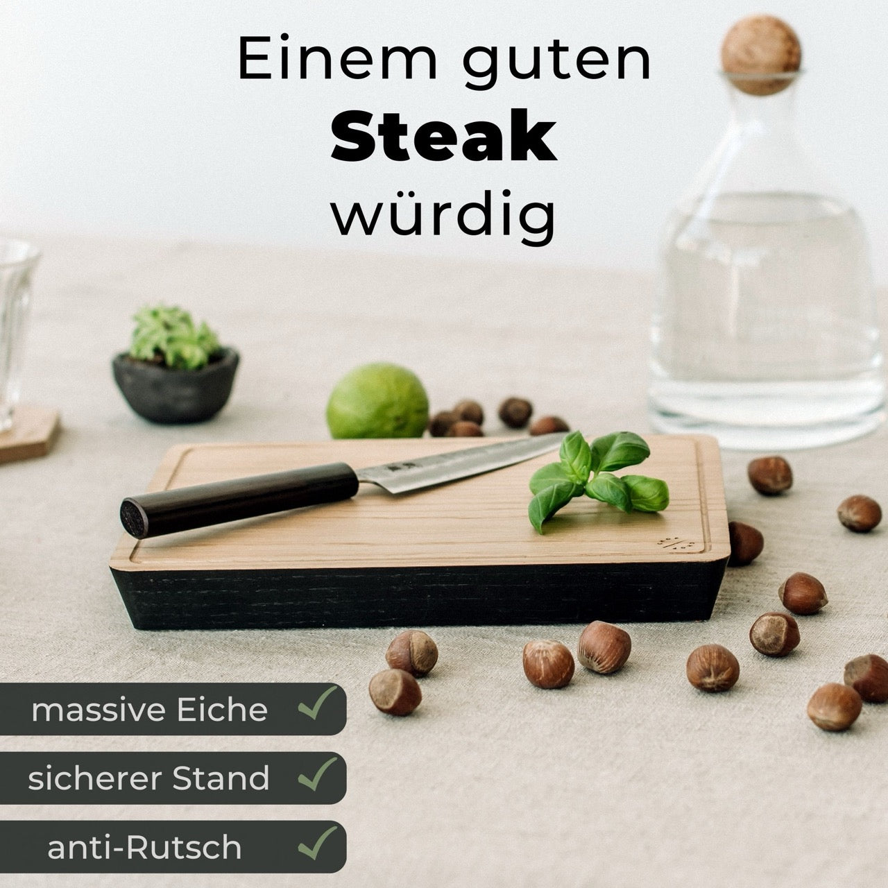 Steak Schneidebrett Holz aus Eiche Massivholz - mit Abtropfrinne (27x19x3cm)