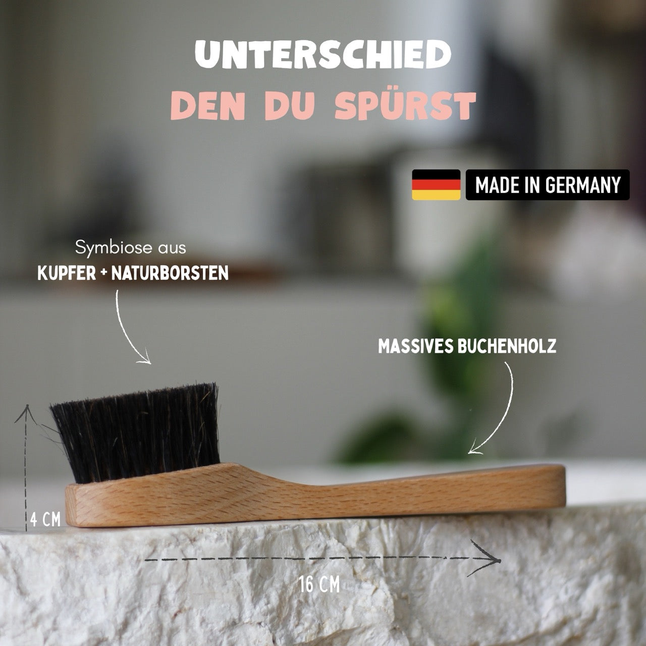 Gesichtsreinigungsbürste aus massiven Buchenholz mit Kupfer und Naturborsten, Made in Germany