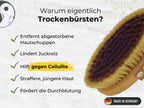 Trockenbürste mit Holzgriff neben Text zu Vorteilen wie gegen Cellulite, Hautpeeling und Durchblutung