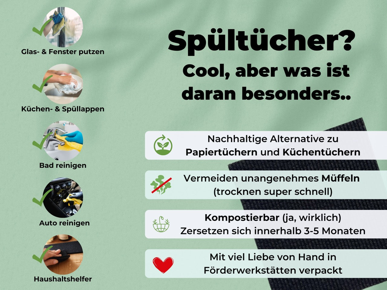 Infografik nachhaltige Spültücher als Alternative zu Papier- & Küchentüchern, schnell trocknend, kompostierbar