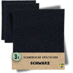 3 schwarze schwedische Spültücher mit strukturierter Oberfläche auf weißem Hintergrund