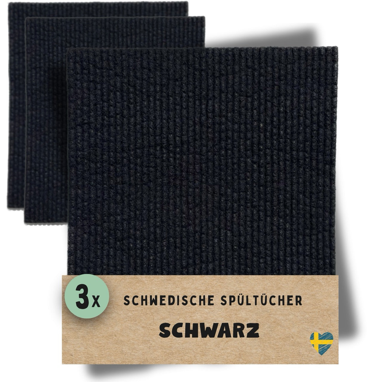 3 schwarze schwedische Spültücher mit strukturierter Oberfläche auf weißem Hintergrund